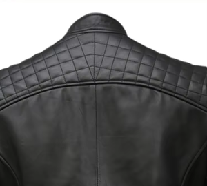 Veste moto en cuir véritable noir pour homme, col montant, fermeture éclair, coupe ajustée, pour l'automne - Product Image 2