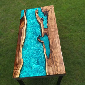 Table à manger rectangulaire de petite taille, style alimentaire, en bois et résine époxy, motif alphabet, aspect moderne, faite à la main - Product Image 1