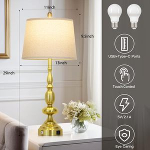 Stylish Antique Brass Gold Table <b>Lamp</b> with 10 Inch Shade Modern LED Bedside <b>Lamp</b> for Bedroom Living Room - Product Image 3