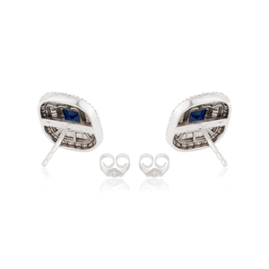 High End Premium Quality 14K Real White Gold Blue Sapphire & Diamond Double Cluster Push <b>Back</b> Stud <b>Earrings</b> For Women' Jewelry - Product Image 6
