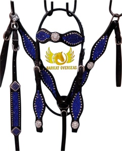 Harnais de selle western personnalisable en cuir véritable souple et naturel, orné de strass bleus, durable - Product Image 5