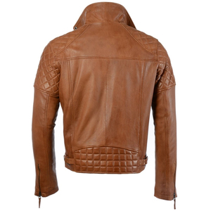 Men's Brown Genuine Leather Canvas Moto Jacket Slim Fit Zipper Closure Stand Collar Winter Wear <b>Thin</b> Waterproof - Product Image 3