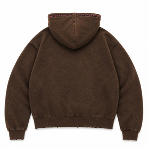 Sweat-shirt à capuche surdimensionné personnalisé pour homme, marron, avec fermeture éclair, en polaire, style vintage vieilli, imprimé lettres, pour l'automne - Product Image 2