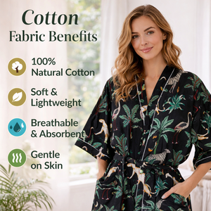 Kimono de Algodón con Estampado Floral Negro, Cuello en V, Ropa de Dormir Larga con Cordón Ajustable, Hecho a Mano, Ropa de Estar de Lujo para Mujer, Maria Garments - Product Image 3