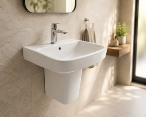 Hexagonal Semi-Pedestal Modern Bathroom <b>Sink</b> Single Hole Faucet Mount Easy Clean Glossy Finish Wall-Mounted 5 Year Warranty - Product Image 6