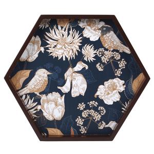 Bandeja Hexagonal de la Mejor Calidad al por Mayor, Plato Decorativo de Madera con Estampado de Aves en Azul Medianoche y Dorado para Pedidos al por Mayor - Product Image 1