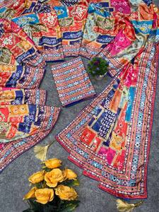 Indian Women's Silk Saree Digital Print Mirror Work Traditional Wedding Party Wear <b>Ankle</b>-Length Regular Fit Wrinkle-Free Chiffon - Product Image 5