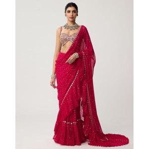 NUEVO SAREE DE BODA DE SECADO RÁPIDO CON LENTEJUELAS Y PLISADO, DISEÑO MODERNO DE BOLLYWOOD SUPERHIT - Product Image 1