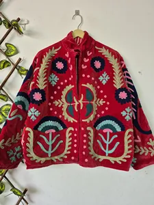 Handmade Pink <b>Velvet</b> Suzani Embroidered <b>Jacket</b> with Floral Pattern Full Sleeve Stand Collar Bohemian <b>Women's</b> Spring Outerwear - Product Image 3