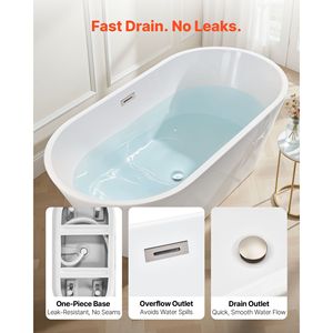 Vasca da Bagno Freestanding Contemporanea in Acrilico Bianco da 59 Pollici con Elegante Forma Ovale e Scarico con Troppopieno in Nichel Spazzolato - Product Image 4