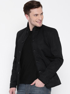<b>Men's</b> Black Stand Collar Shirt <b>Jacket</b> Solid Color Single Breasted Slim Fit Polyester Material Autumn Wear <b>Smart</b> Casual Style - Product Image 3