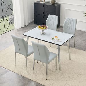 Set Tavolo e Sedie Bianco Effetto Marmo con Piano in Vetro, Base in MDF e Gambe Affusolate in Metallo Argento per Ristoranti, 4 Pezzi - Product Image 4