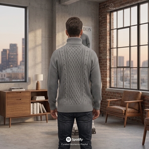 Pull à col roulé en tricot gris pour homme, épais, motif géométrique, manches régulières, longueur intégrale, matière acrylique - Product Image 3