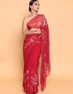 KV <b>Red</b> Colour Chinon Fabric Saree With Unstitched <b>Blouse</b> - Product Image 1