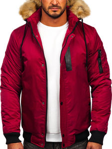 Blouson bomber rouge pour homme avec capuche en fourrure, coupe-vent, hiver, décontracté, rembourrage en polyester épais, coupe régulière, couleur unie - Product Image 5