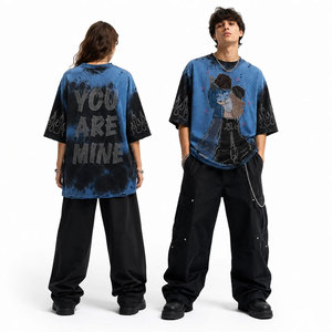 Men's Oversized Tie-Dye T-<b>Shirt</b> With Rhinestone Character Print And <b>Flame</b> Details O-Neck Short Sleeve Street Style Jersey Fit - Product Image 6