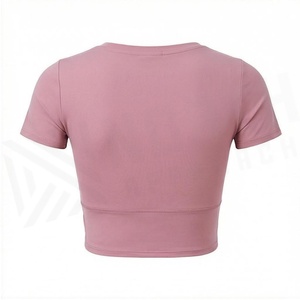 Pink Crew Neck Short Sleeve <b>Crop</b> <b>Top</b> With <b>Mesh</b> Cut-Out Seamless Yoga Wear Women's Sportswear - Product Image 2