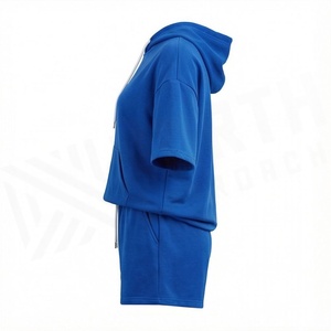 Conjunto de 2 Piezas para Mujer, Sudadera con Capucha y Pantalones Cortos, Azul Sólido, Manga Corta, Felpa, Casual, Holgado, Por Encima de la Rodilla, Transpirable, Uso Diario - Product Image 3