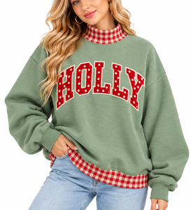 Sudadera navideña extragrande personalizada para mujer, cuello simulado, tela a cuadros, lunares, apliques de letras, bordado con puntada satinada. - Product Image 1