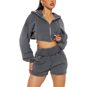 Women's Acid Wash <b>Distress</b> Crop <b>top</b> Hoodie Shorts Set Full Sleeve Zipper Gray Color Casual Tracksuit set summer set - Product Image 1