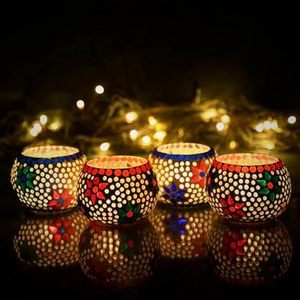 Mosaic Glass Decorative T Light Candle <b>Holders</b> Elegant Multicolor Candle Stand for Home Decor Festive Lighting - Product Image 5