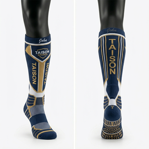 Women Cricket <b>Socks</b> Premium GSM Breathable Polyester Cotton Blend <b>Navy</b> White Gold Panel Design Jacquard Custom Logo <b>men</b> <b>socks</b> - Product Image 4