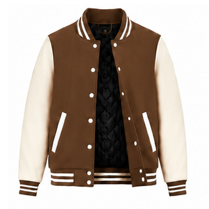 Veste universitaire marron pour homme avec manches crème et rayures blanches, style décontracté universitaire, coupe classique, pour l'automne - Product Image 3