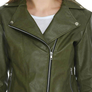 Veste en cuir PU vert olive pour femme, style moto, manches longues, fermeture éclair, col rabattu, style automne - Product Image 4