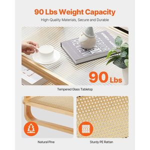 Modern Boho 45-Inch <b>Rectangle</b> Rattan Woven Wood <b>Coffee</b> <b>Table</b> with Tempered Glass Top and Storage Urban Chic Style - Product Image 3