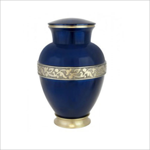 Handcrafted Sapphire Blue Brass Cremation Urns For Human Ashes Adult Size Engraved Gold Band Funeral <b>Memorial</b> Burial Urn - Product Image 1
