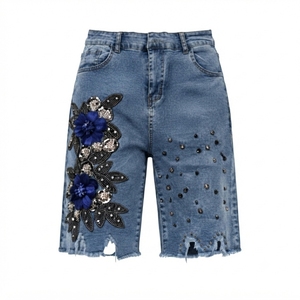 High Waist Denim <b>Shorts</b> With Floral <b>Sequin</b> Embroidery Distressed Hem Bohemian Style Breathable Summer Women's <b>Shorts</b> - Product Image 2