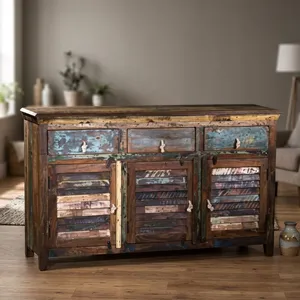 Buffet en bois multicolore vieilli de style vintage avec trois portes à persiennes et trois tiroirs, meuble de rangement rustique de style ferme - Product Image 2