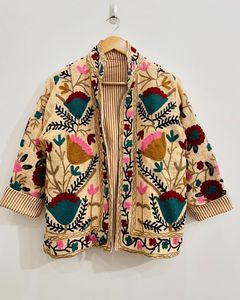 Veste bomber en coton à motif floral matelassé, brodée Suzani, tricotée, écologique, col en V, manches longues, automne-hiver pour femmes - Product Image 3