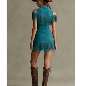 เดรสคอร์เซ็ทสีเขียวอมฟ้าแต่งชายครุย ไหล่เปิด ซิปหน้า ผ้าหนังกลับเทียม ทรงเข้ารูป มินิเดรสสีเขียวอมฟ้าแต่งชายครุย - Product Image 3