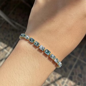 Emerald Cut Moss Agate Stone Gold Plated Sterling Silver Elegant Green Gemstone Tennis <b>Bracelet</b> Luxury Gift for Women's - Product Image 2