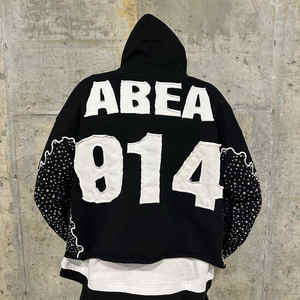 Fabricant d'écusson de broderie vieilli personnalisé 500GSM French Terry Boxy Cut Edge Raw Hem Cropped Rhinestone Hoodies - Product Image 1