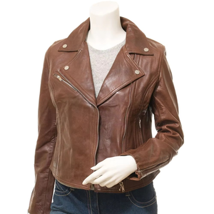 Veste moto en cuir véritable marron pour femme, manches longues, fermeture éclair, col ouvert, style automne - Product Image 6