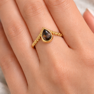 Bague en laiton Moku Jewellery avec quartz fumé taille poire, sertie clos, taille fixe, pierre précieuse naturelle, faite à la main, bijoux pour femme - Product Image 4