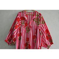 Robe longue d'été pour femme en coton 100% imprimé floral à la main, écologique, légère, respirante, col en V, manches bouffantes, naturelle