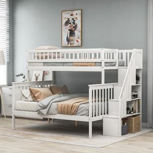 Letto a Castello Bianco con Scala e Contenitore, Dimensioni Twin Over Full, per Bambini - Product Image 1