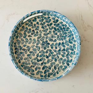 Exclusive Quality Mother of Pearl Inlay <b>Tray</b> Blue Floral Pattern Coffee <b>Table</b> Housewarming Gift Chocolate Serving <b>Round</b> <b>Tray</b> - Product Image 1