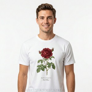 T-shirt blanc pour homme en gros, imprimé floral rose botanique, coupe ajustée en coton, T-shirt graphique floral pour homme, vêtements personnalisés - Product Image 1