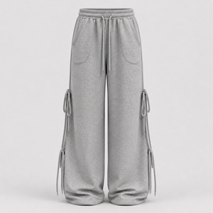 Pantalones Cargo de Pierna Ancha para Mujer, con Cordón Ajustable, Ajuste Holgado, Color Gris Sólido, Estilo Casual Urbano, Cintura Media, Largos, Material de Forro Polar - Product Image 1