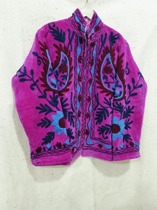 <b>Pink</b> Velvet Suzani <b>Jacket</b> <b>Women</b> Stand Collar Floral Embroidered Boxy Coat 100% Cotton Breathable & Windproof All Seasons - Product Image 5