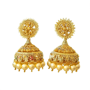 24K Gold Plated Pearl Drop Jhumki Earrings-Ethnic Religious Wedding Jewelry - Product Image 3