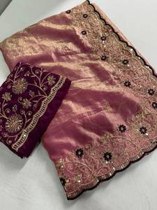 Designer Beautiful Sequence Embroidery Work Space <b>Satin</b> <b>Saree</b> With Worked Contrast Unstitched Blouse Piece - Product Image 2
