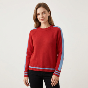 Pull à col rond pour femme, couleur rouge, à blocs de couleur, manches longues, tricoté, décontracté, pour l'automne, 100% acrylique, 280g, personnalisable, marque - Product Image 2