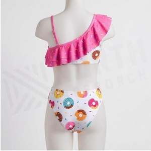 Traje de baño de una pieza para mujer con estampado de donuts, escote asimétrico con volantes, bikini elástico, ropa de playa - Product Image 2