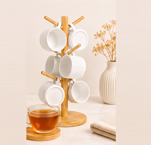 Eco-Friendly Natural Bamboo Mug <b>Tree</b> Rack <b>Stand</b> With 6 Hooks Stable Wooden Coffee Cup Holder & Organizer For Kitchen Countertop - Product Image 4