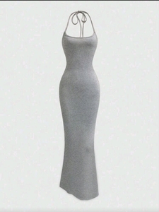 Robe de soirée longue pour femme, col licou, moulante, coupe trapèze, sans manches, couleur unie, pour soirée - Product Image 6